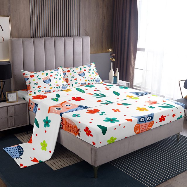 YST Owl Sheet Set King Sheet Set For Girls Kids Cute Flower Animal Sheets, Flying Bird Sheet Sets Botanical Flower Pattern 3D Animal Bedding Set, 1 Top Sheet 1 Fitted Sheet 2 Pillowcases