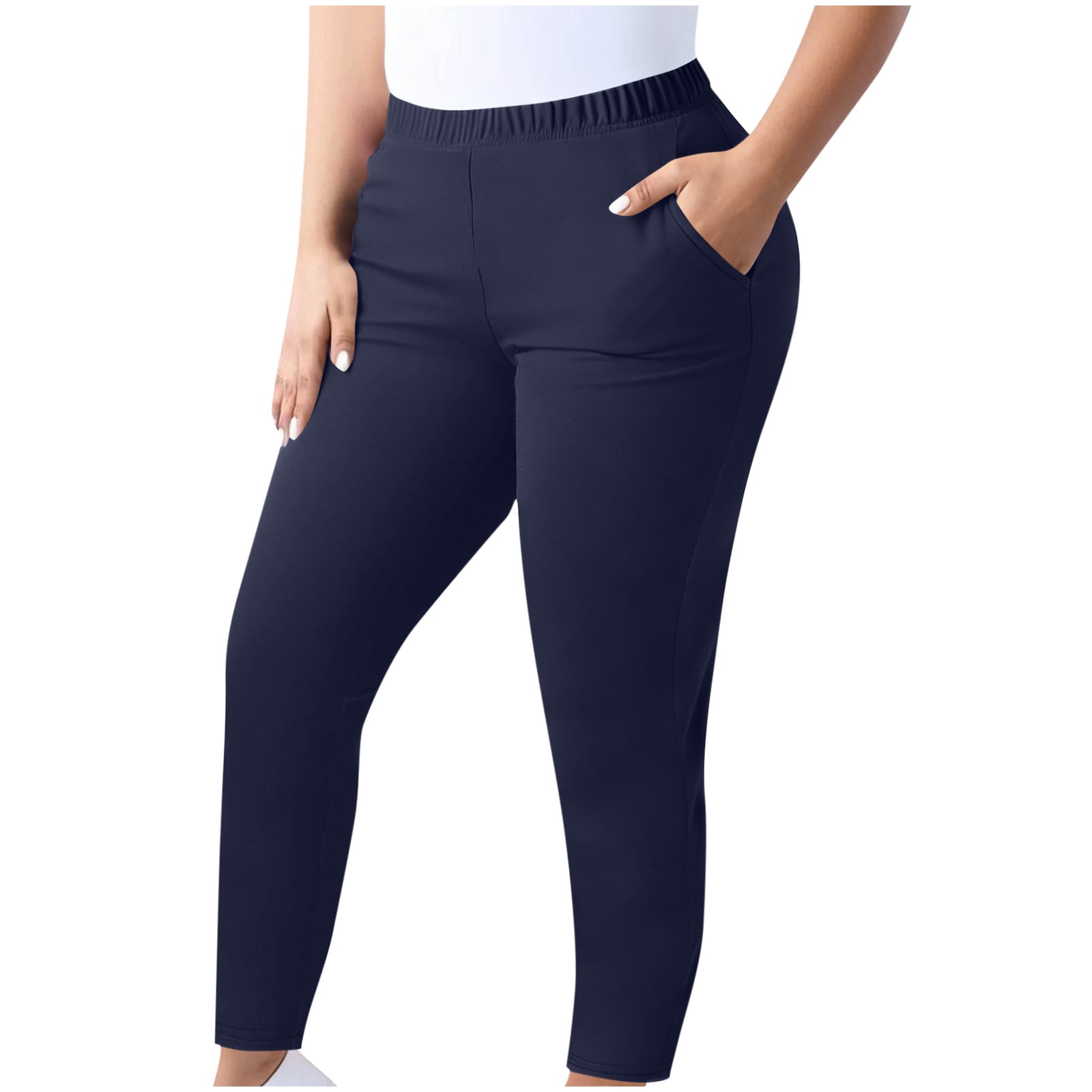 Zifang Women's Plus Size Yoga Leggings Solid Colour Elastic Waist Stretchy Comfy Slim Pants Sport Running Workout Tights Dark Blue Xxl