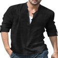 thumbnail image 1 of Men‘s Henley Shirt  Solid Color Long Sleeve Stand Collar Button-Down Loose Simple Linen Beach Tops, 1 of 4