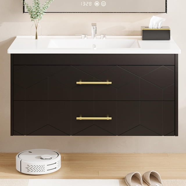 Modern Floating Bathroom Vanity – 36 Inch Wall Mounted Cabinet with Double Soft-Close Drawers, Gold Handles, Ceramic Basin, Easy Assembly – Black, 36 inches