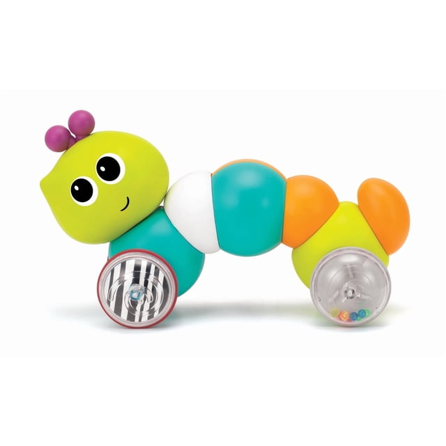Infantino Press N Play Zoom Zoom Buggy, a segmented caterpillar-shaped infant toy with a green head, large eyes, and purple antennae, featuring teal, white, orange, and yellow body segments, and two transparent wheels containing colorful beads and black-and-white patterns, designed to support hand-eye coordination and gross motor skills development.