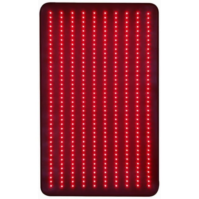 Red Light Therapy Mat, 23x38 inches, featuring 400 LEDs arranged in vertical rows, emitting a vibrant red glow. This mat offers dual wavelength therapy with 660nm red light and 850nm near-infrared light for enhanced therapeutic benefits. It includes 3 light modes—regular, 40Hz pulse, and 10Hz pulse—along with 5-level dimming for customizable brightness. The mat is designed for full-body coverage and features a built-in timer and zero flicker technology for comfortable, precisely timed sessions.