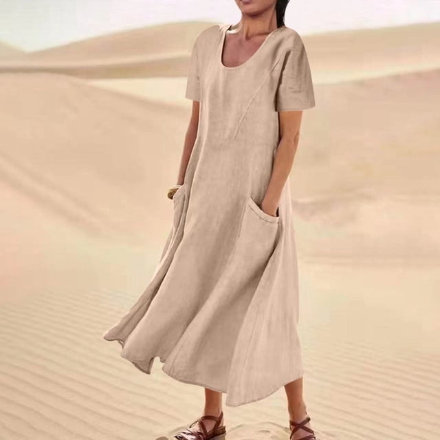 UPPADA Robes Grande Taille pour Femmes aux Formes Robes d'Été pour Femmes 2025 Robe en Coton et Lin à Manches Courtes Col Ras du Cou Ample Décontractée Tunique Robes de Plage avec Poches Vestidos Para Mujer Casuales Y Elegantes