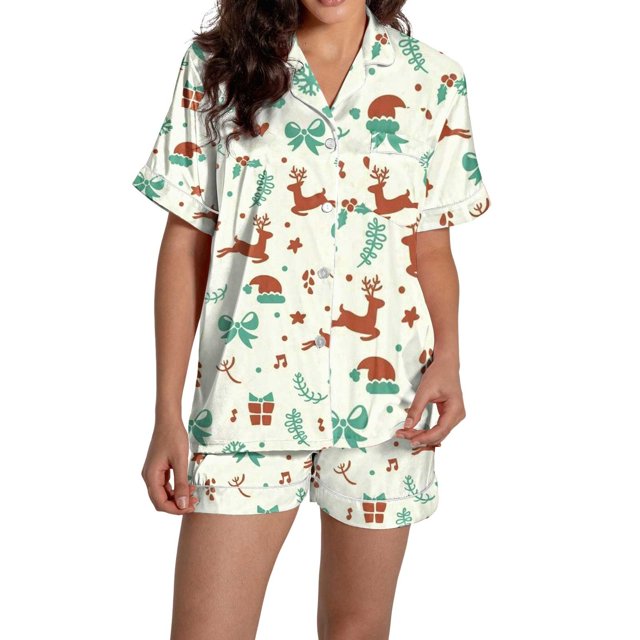 Pyjama pour Femmes en Satin Imprimé Graphique, Mignon, Tenue de Nuit, Boutons, Hauts à Manches Courtes, Ensembles de Shorts