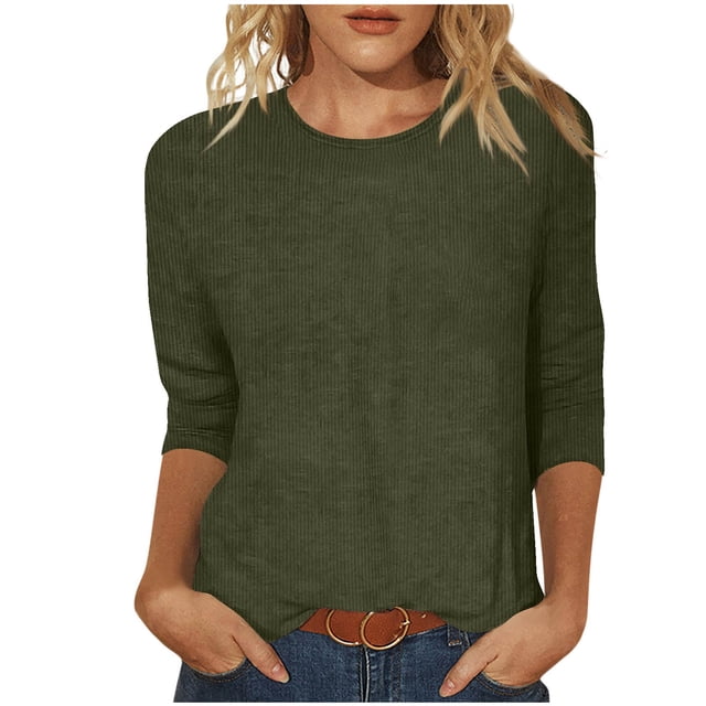 Penkiiy Hauts pour Femmes Manches 3/4 Col Rond Blouses Décontractées Amples m Vert Armée