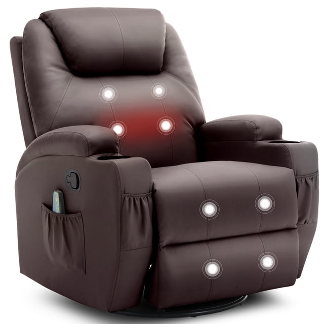 Korser Swivel Rocker Recliner Chair with Massage in brown faux leather, featuring manual reclining, 360° swivel, and 30° rocking functions. Includes 8 massage nodes, lumbar heating, dual side pockets, front pockets, and two cup holders. Suitable for living rooms, bedrooms, or home theatres.