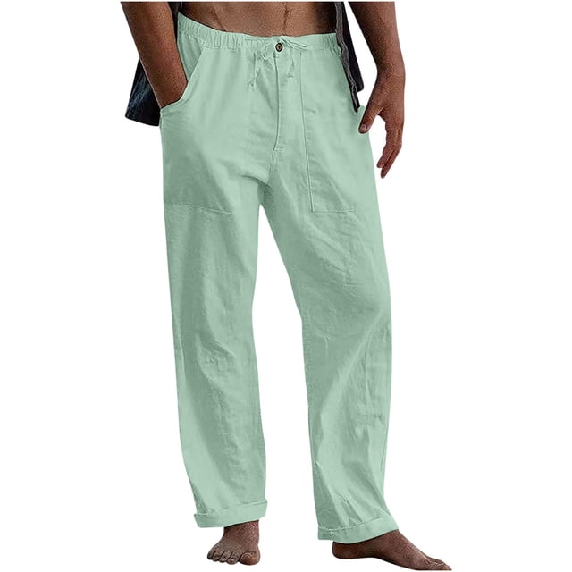 Linen Pants Men Casual Drawstring Elastic Waist Wide Leg Pants for Summer Beach Loose Trousers with Pockets