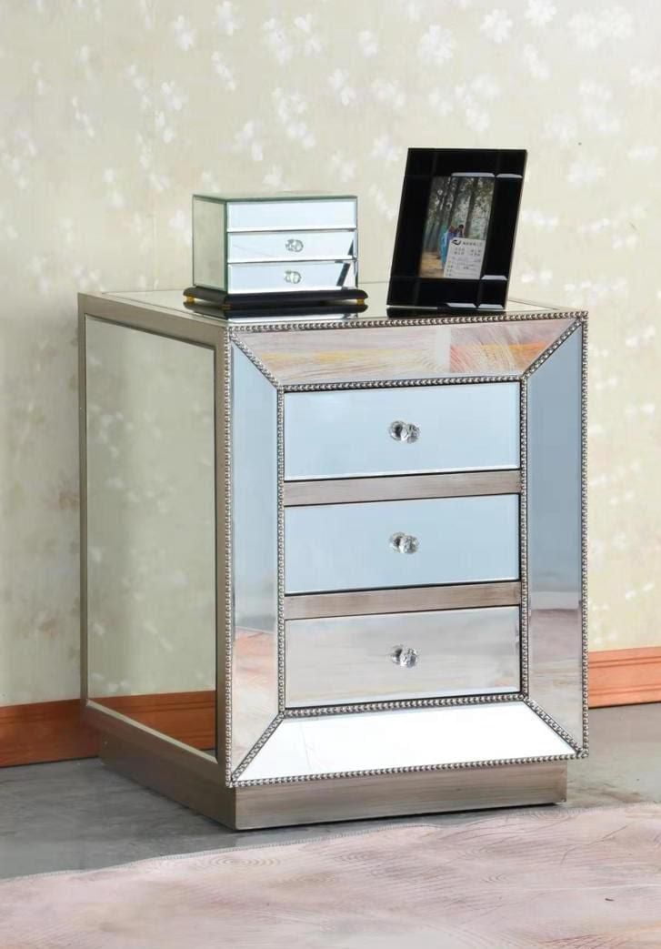 Patel Mirrored Nightstand, Mirrored Nightstand, Bedroom Nightstand, MDF Nightstand, Mirrored Bedside Table, Silver Nightstand, Three Drawer Nightstand, Living Room Side Table