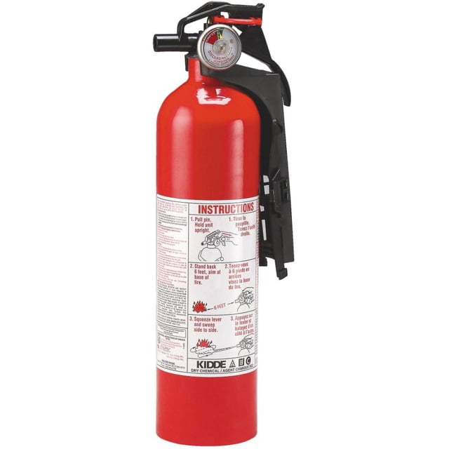Kidde Mulit-Purpose 1-A:10-B:C Rated Fire Extinguisher with a red aluminum cylinder, black nylon valve assembly, pressure gauge, and safety pin. The label shows instructions for use on Class A, B, and C fires, including pulling the pin, aiming at the fire base from 6 feet, and sweeping the lever. Suitable for home and business fire safety with a ULC approved strap retention bracket.