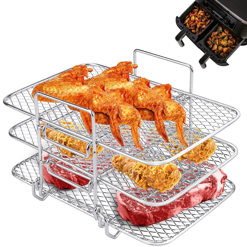 Air Fryer Rack, 3 Tier Grid Air Fryer Dehydrate Rack, Multifunctional Stackable Stainless Steel Grill Pan for Ninja Foodi AG300 AG400 DZ201 DZ40 Air Fryers, Ovens, Press Cookers