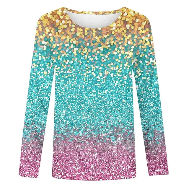 Girls Tshirts Spring Summer Long Sleeve Gradient Sequin Printed Round Neck Flash Shirt Girls Tops Light Pink 2-3Years