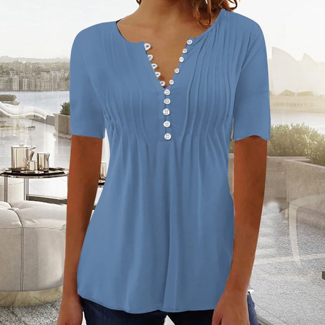 LSLJS Womens T Shirts Women's Fashion Casual Round Neck Pleated Solid Color Button Top Blouse
