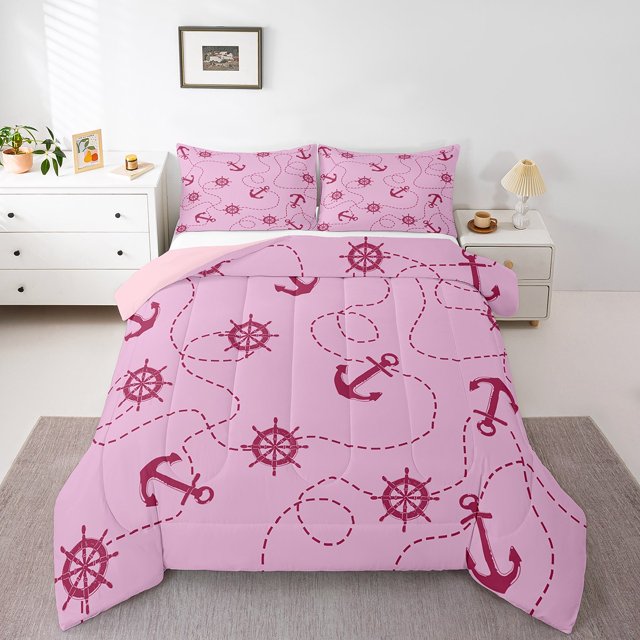 Erosebridal Girls Retro Rudder Bedding Sets King with Comforter, Pink Anchor Duvet Insert, Ocean Sailing Decor, Reversible