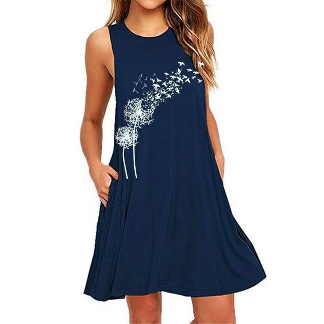 TopLLC Robe Sans Manches à Encolure Ronde pour Femmes, Présentant un design Estival Décontracté avec une Coupe Sans Manches et un Encolure Ronde. la Robe Est Mi-Longue à Coupe Ample, Fabriquée en polyester Léger pour le Confort. Elle Met en Valeur un Motif Imprimé de Pissenlit et d'Oiseau sur un Tissu Bleu Marine, Ajoutant une Touche Stylée. Convient aux Sorties Décontractées, aux Fêtes Ou aux Vacances, Cette Robe Polyvalente Est Idéale pour le Temps Chaud. la Robe Comprend un Détail de Fermeture Éclair à Empiècements et Est Conçue pour une Coupe Asiatique. Lavage à la Main Ou Lavage en machine Doux Recommandé