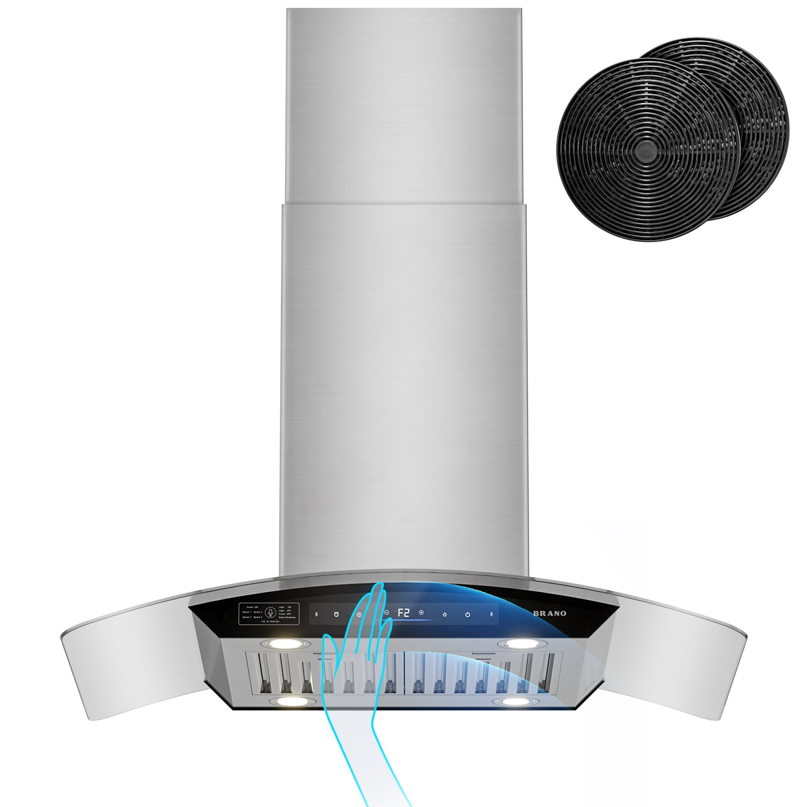 BRANO 36 Inch Island Range Hood, 900 CFM Voice/Gesture/Touch Control Ceiling Vent Hood with 4 Speed Exhaust Fan, 4 LED Lights, Memory Mode, Ducted/Ductless Convertible with 2 Charcoal Filter