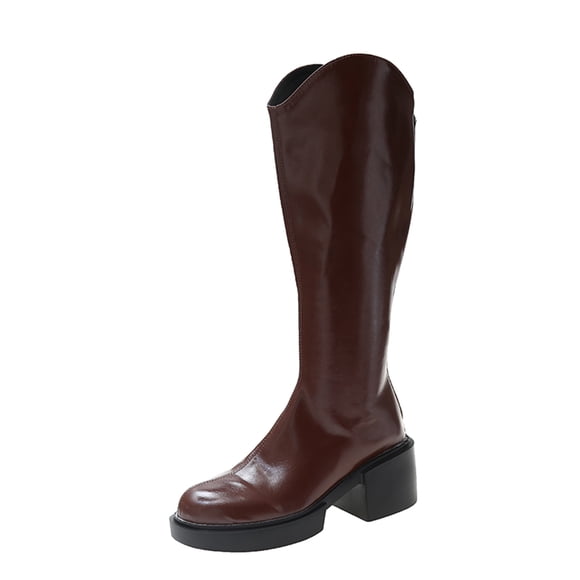 WEAIXIMIUNG High Knee Boots for Women Wide Calf No Heel Ladies Fashion Solid Color Leather Boots Back Zipper High Heel Boots