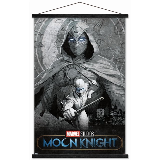 Marvel Moon Knight - Affiche Murale Teaser Représentant une Grande Figurine à Capuche avec des Yeux Lumineux et un Emblème de Lune en Croissant derrière une Plus Petite Figurine en Blanc Tenant des Bâtonnets dans une pose d'Action, Ensemble sur un Fond Gris Texturé avec des Hiéroglyphes Égyptiens et une Ligne d'Horizon de Ville, Imprimé sur Papier d'Affiche Brillant Idéal pour la Déco de la Maison.