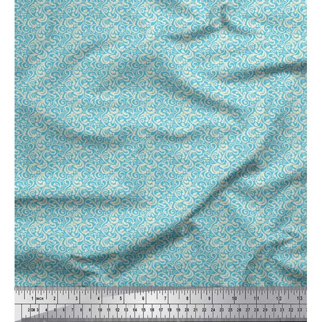 Soimoi Blue polyester Crepe Fabric Filigree Damask Printed Fabric 1 Yard 42 Inch Wide