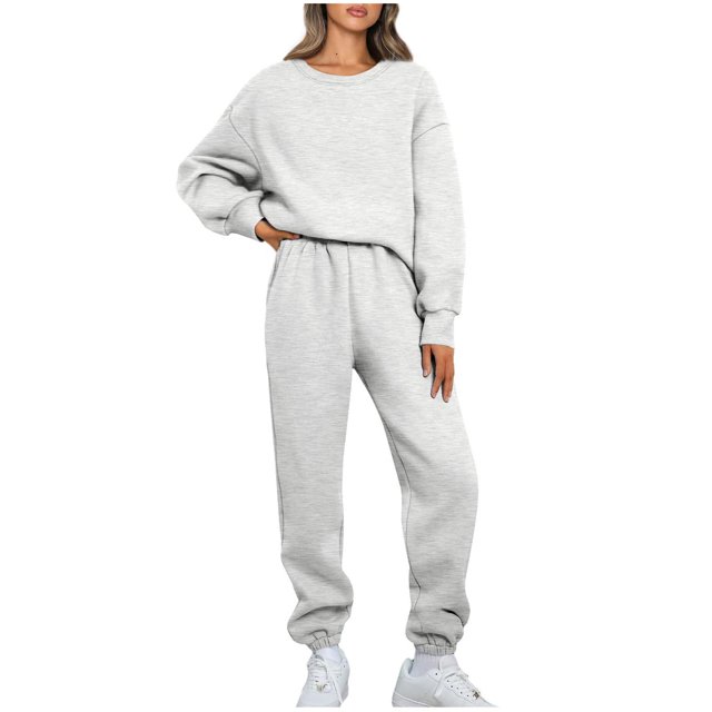 Pisexur Ensemble de Survêtement 2 Pcs pour Femmes, Mode Décontractée, Couleur Unie, Comprenant un Chandail à Manches Longues à Col Rond et un Pantalon long à Taille Haute Élastique, Couleur Unie Gris Pâle. la Tenue Est Conçue pour une Tenue Décontractée, la Détente Ou des Activités de Plein Air comme la Course et le Magasinage. Fabriquée en Tissu polyester Doux et Extensible pour le Confort et la Durabilité. Convient aux Saisons de Printemps, d'Été et d'Automne.