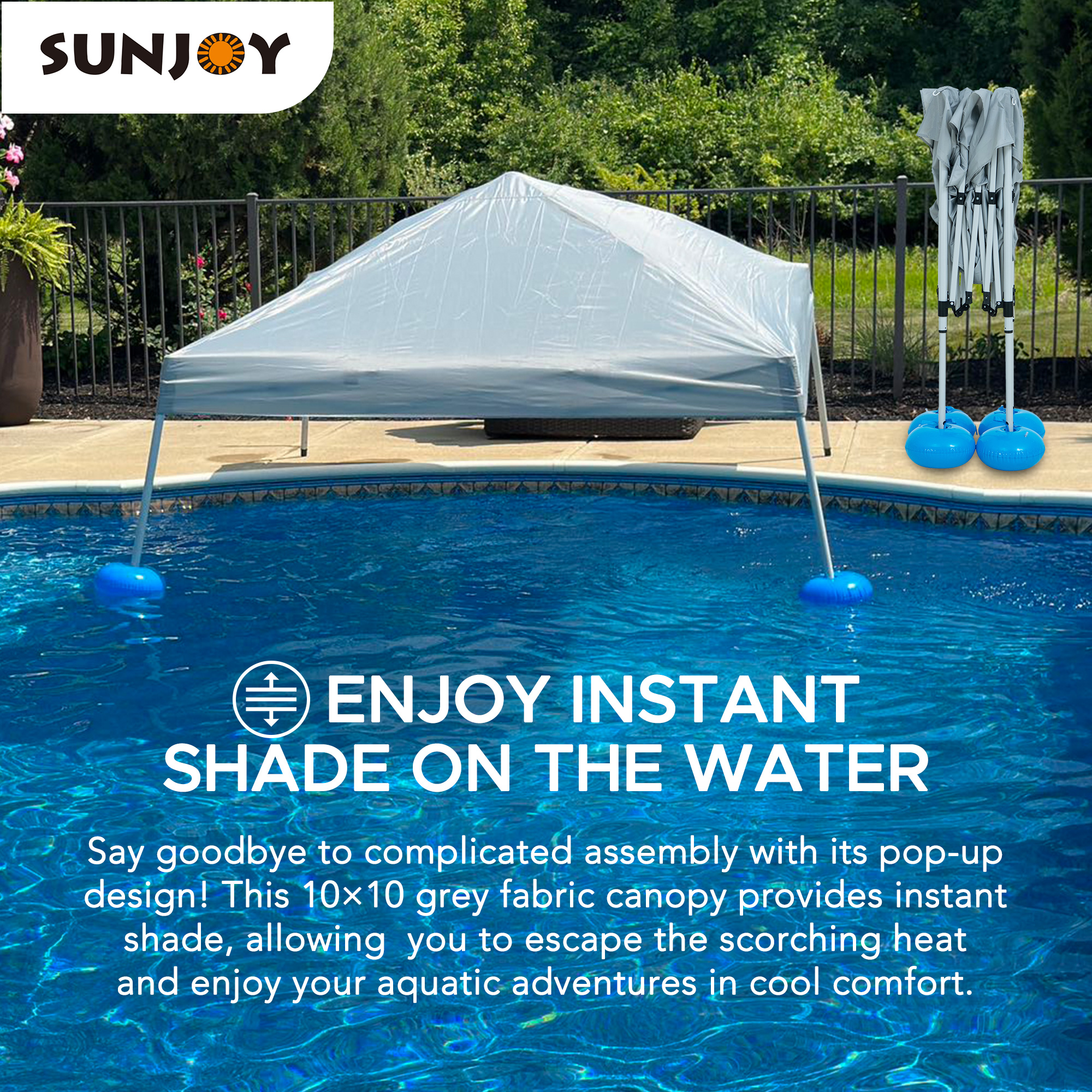 Auvent de piscine flottant Sunjoy 10' × 10' Gazebo pop-up en tissu gris, tente flottante à cadre en acier et aluminium avec flotteurs en PVC, pompe à air manuelle et sac de transport