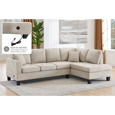 K-Living Nolan Fabric Sectional in Almond with USB Port and 2 Throw Pillows for Living Room