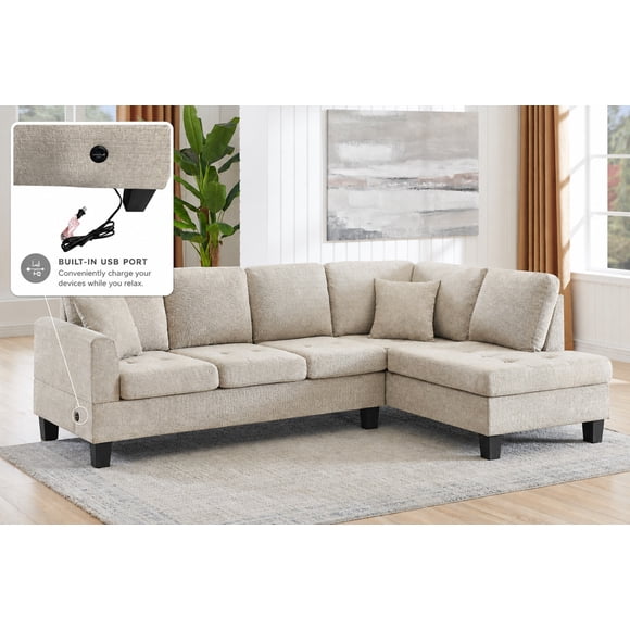 K-Living Nolan Fabric Sectional in Almond with USB Port and 2 Throw Pillows for Living Room