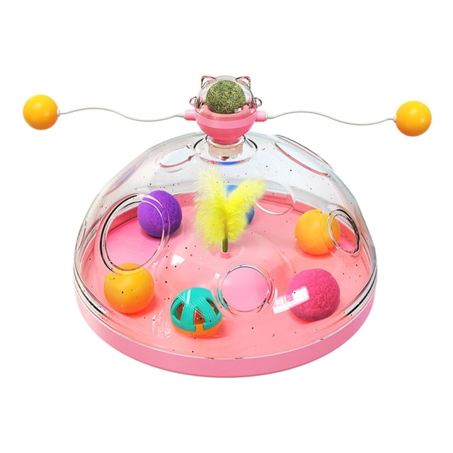 Xingzhi Cat Toy Interactive Spinning Track Ball Stimulating Game in pink, designed for pet training and play. Features a transparent dome with colorful balls, a feather teaser, and a high-elasticity wand with yellow ends. Made of durable ABS material, it includes light balls and plush balls for engaging play. Non-slip base ensures stability during use.