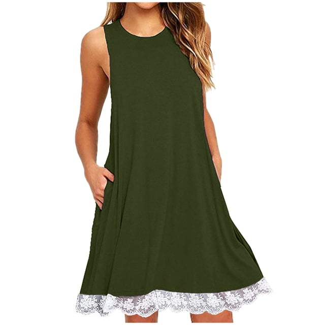 Gspmoly Robes pour Femmes Grande Taille, une Mini-Robe Sans Manches à Taille Haute au style Estival Décontracté. la Robe Présente une Encolure Ronde, un Tissu en polyester Léger et un design Respirant. Présentée dans une Couleur Unie Vert olive avec Bordure en Dentelle Blanche à l'Ourlet, Idéale pour les Vacances, les Sorties Décontractées Ou les Fêtes.