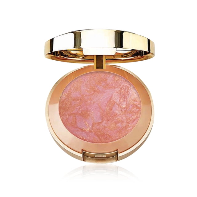 Milani - Baked Blush - 1Pc in a round gold compact with an open lid showing marbled pink and peach baked powder blush with a satin shimmer finish, richly pigmented and buildable for customizable cheek color and a natural luminous glow suitable for all skin tones.