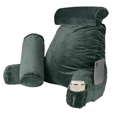 Large Memory Foam Reading Bed Rest Pillow with Cylindrical Pillow, Removable Neck & Back Support, Backrest Pillow with Arms and Side Pockets for Sitting Up Reading, Relaxing