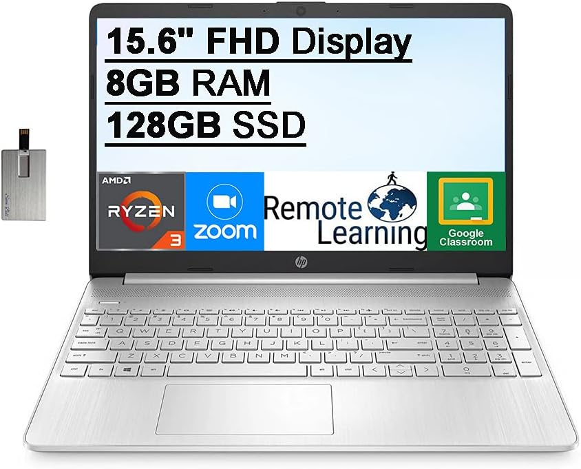 HP 15.6 FHD Display Laptop Computer, AMD Ryzen 3-3250U Processor(Beats Intel i5-1035G1), 8GB DDR4 RAM, 128GB SSD, AMD Radeon Graphics, HD Webcam, HDMI, Win 10S, Silver, 32GB Hotface USB Card