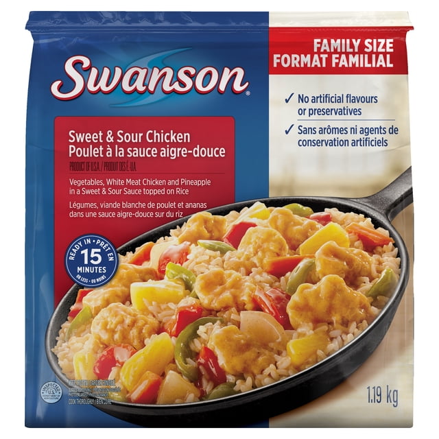 Swanson Sweet & Sour Chicken frozen meal with white meat chicken, vegetables, pineapple, and rice in sweet and sour sauce, shown in a black skillet on the package front, family size 1.19 kg, no artificial flavours or preservatives, ready in 15 minutes, ideal for quick family meals.
