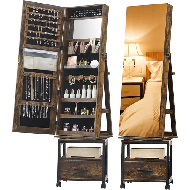 Bingirl 360 - Degree Swivel Mirror Jewelry Cabinet: 66 - Inch Full - Length Mirror with Standing Jewelry Armoire, Lockable, with Drawer and Wheels - Large Storage Capacity