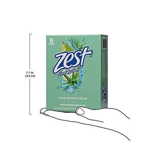 Zest Bar Soap, Fresh Aloe, 4 Oz, 16 Bars Pack. The green packaging highlights the Zest logo, aloe leaves, and water droplets, symbolizing hydration and freshness. Ideal for moisturizing and soothing skin. The box measures approximately 7.7 inches (19.5 cm) in height.