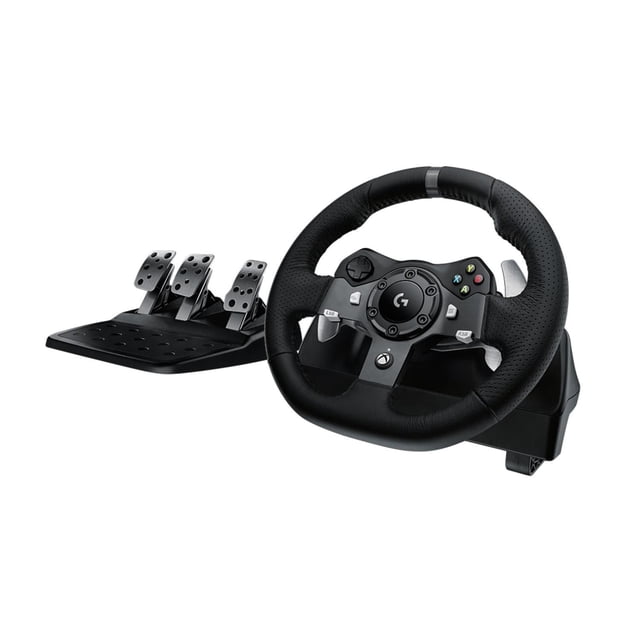 Logitech G920 Driving Force Racing Wheel with black perforated leather steering wheel, Xbox control buttons, paddle shifters, and a separate pedal unit with three metal pedals on a black base, designed for realistic force feedback in Xbox One and PC racing games.