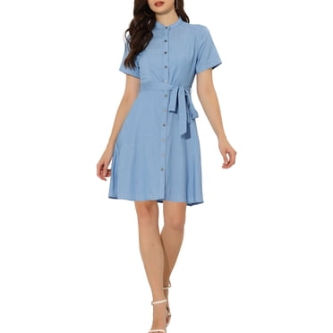 INSPIRE CHIC Robe-Chemise en Denim à Manches Courtes Boutonnée pour Femme avec Ceinture Bleu Pâle m