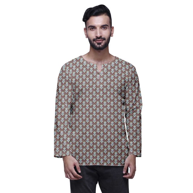 Atasi Cotton Slub Long Sleeve Kurta For Men Keyhole Neck Ethnic PrintedShirt