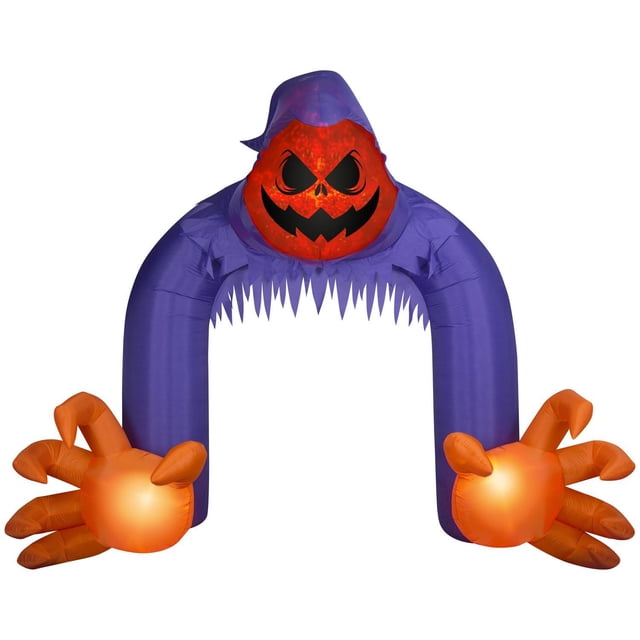 Halloween Inflatable Jack-O'-Lantern Reaper Archway with Swirling Lights featuring a purple hooded arch with jagged edges, a glowing orange jack-o'-lantern reaper head with swirling kaleidoscope lights, and large orange inflatable hands, suitable for indoor and outdoor Halloween decoration.