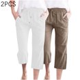 thumbnail image 2 of Timegard 2pc Capri Pants for Women Cotton Linen Elastic Waist Loose Lounge Crop Pants Pockets Solid Color, 2 of 7