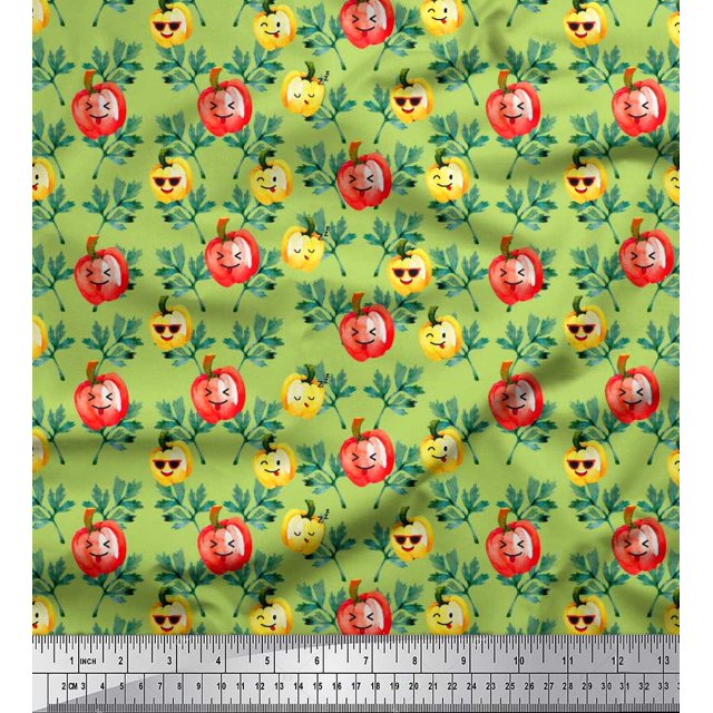 Soimoi Green Japan Crepe Satin Fabric Leaves & Colorful Capsicum Vegetable Printed Fabric 1 Yard 42 Inch Wide