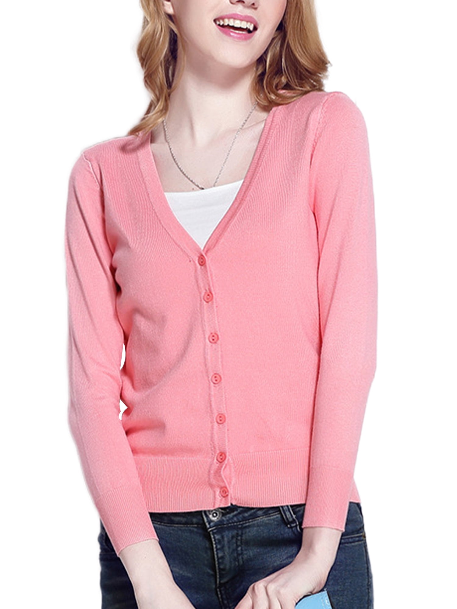 Innerwin Cardigan Sweater V Neck Ladies Coat Fall Solid Color Loose Outwear Pink 5XL