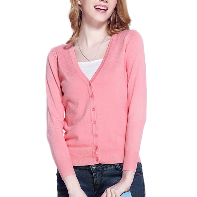 Innerwin Cardigan Sweater V Neck Ladies Coat Fall Solid Color Loose Outwear Pink L