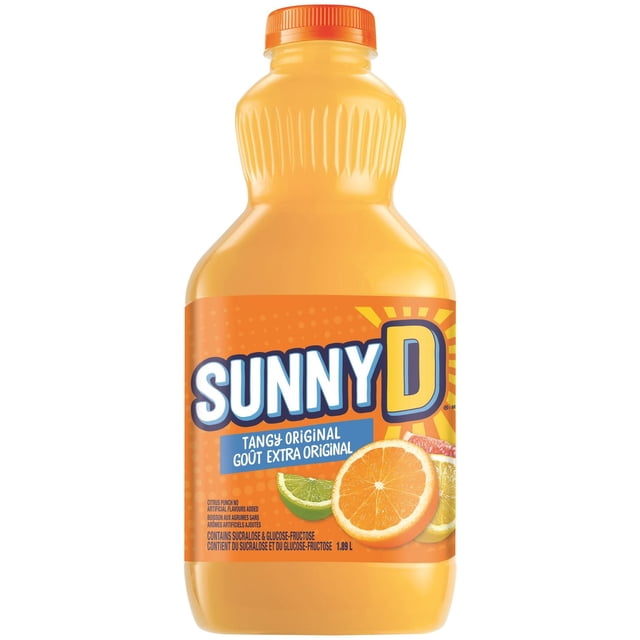 Sunny D Tangy Original juice beverage bottle with an orange cap and label featuring citrus slices of orange, lime, and grapefruit, containing 1.89 L of citrus punch juice with no artificial flavours, added vitamin C and B, sucralose, and glucose-fructose, often used as a refreshing hydration option.