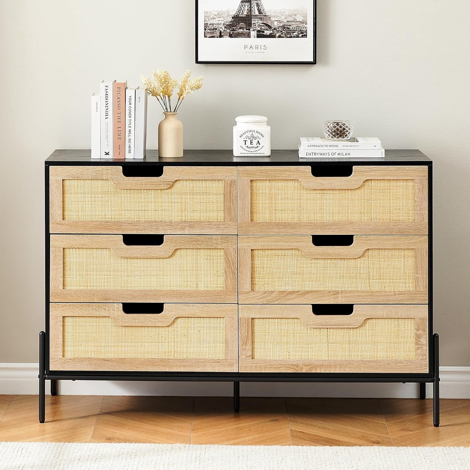Rattan 6 Drawer Dresser, Modern Wooden Storage Cabinet with Woven Drawer Fronts, Spacious Chest of Drawers with Metal Legs and Anti-Tip Design for Bedroom and Living Room, Oak