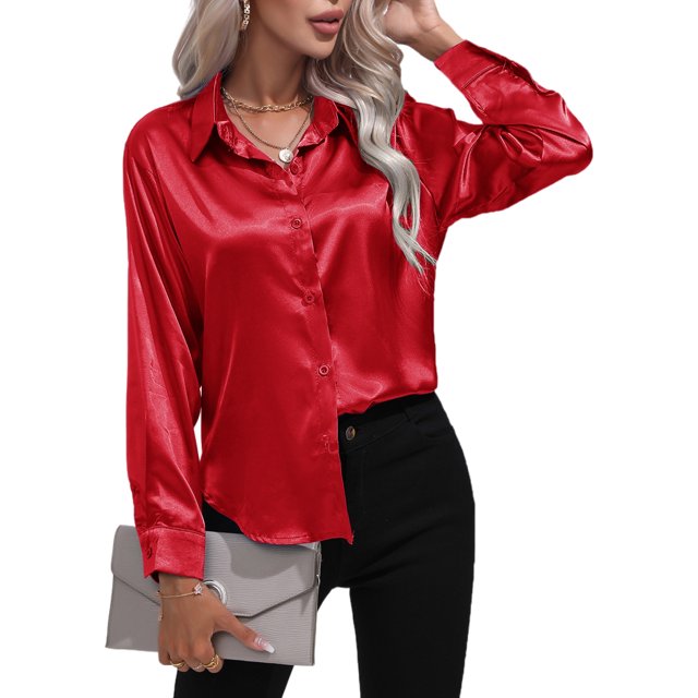 Innerwin Shirts Long Sleeve Ladies Tunic Tops Office Button Down Soft Blouse Red S