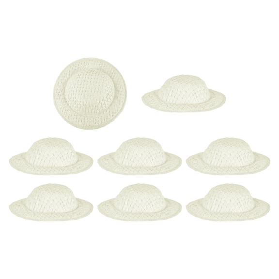 Uxcell 8 Pcs Mini Straw Hats, 2 x 0.5 Inch Craft Doll Hats Miniature Ornaments Woven Caps for DIY Dollhouse Decoration Hair Accessories Snowman Weddings Party, Beige White