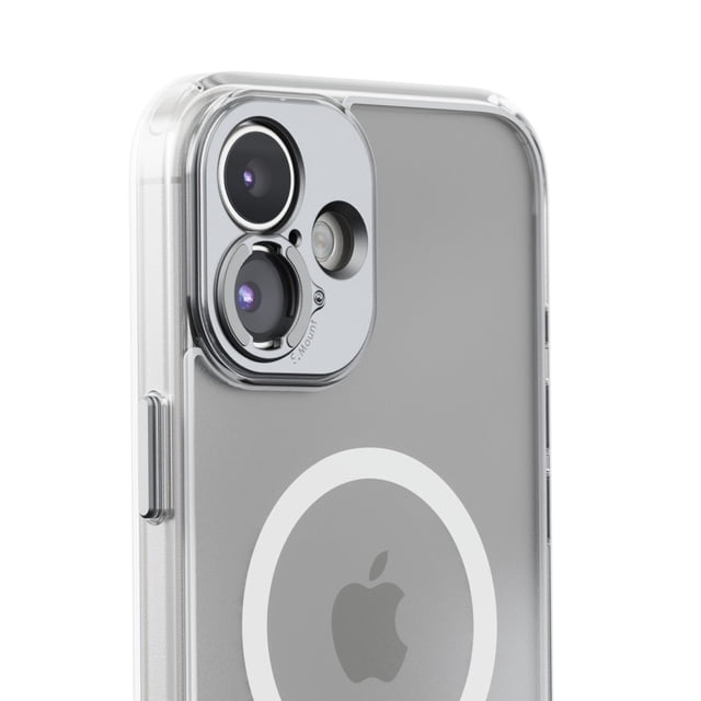 Shiftcam Camera Case for iPhone 16 Plus in clear, featuring a transparent slim design with precise cutouts for dual camera lenses and flash, optimized for mobile photography with a secure lens mounting system, showing the Apple logo and side button.