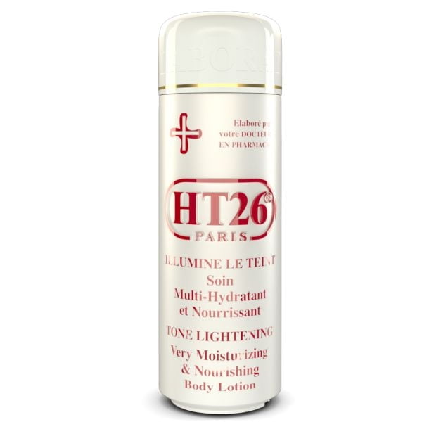 HT26 - Extra Moisturising & Nourishing Body Milk in a sleek white bottle with red and gold accents. The label highlights its tone-lightening, moisturizing, and nourishing properties, enriched with sweet almond oil, glycerine, and shea butter. Designed for dehydrated, dull, and dry skin, it provides softness and comfort for all skin types and is suitable for the whole family.