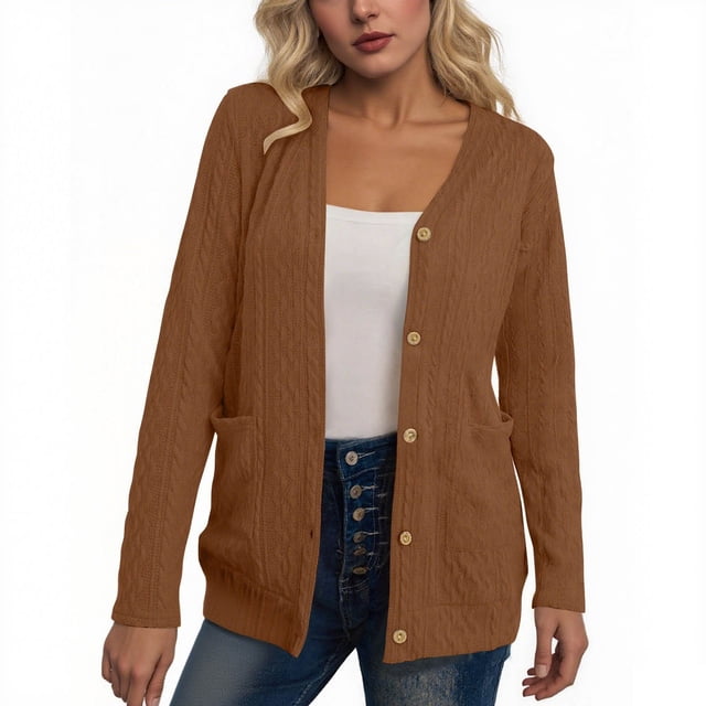 HAiming Womens Knit Cardigan Long Sleeve Button down V Neck Solid Color Lightweight Sweaters with Pockets