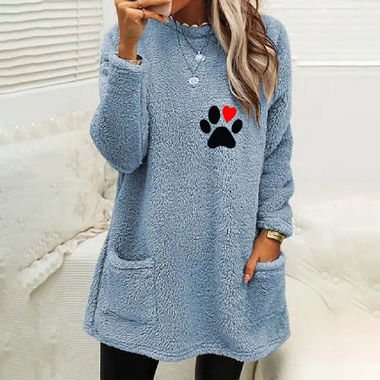 EQWLJWE Tunique en Molleton pour Femmes, Chandail à Enfiler, Longue Robe Sherpa, Imprimé d'Empreintes de Pattes, Chandails Duveteux, Coupe Ample, Col Rond, Manches Longues, Manteau Duveteux avec Poches